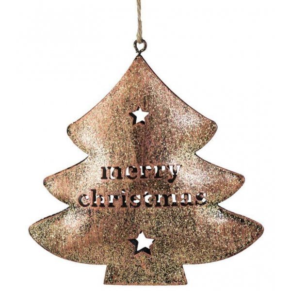 Χριστουγεννιάτικο Κρεμαστό Μεταλλικό Δεντράκι Χρυσό, "Merry Christmas" (12cm)